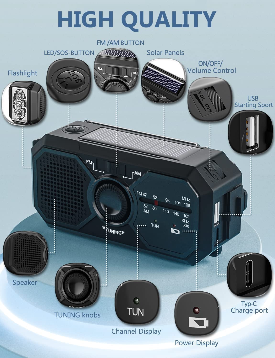 Portable AM/FM Transistor Radio, Emergency Radio with Weather Alert, Solar Radio Emergency Hand Crank with LED Flashlight for Power Outages, Camping, Survival, 3500mWh Portable Power Bank