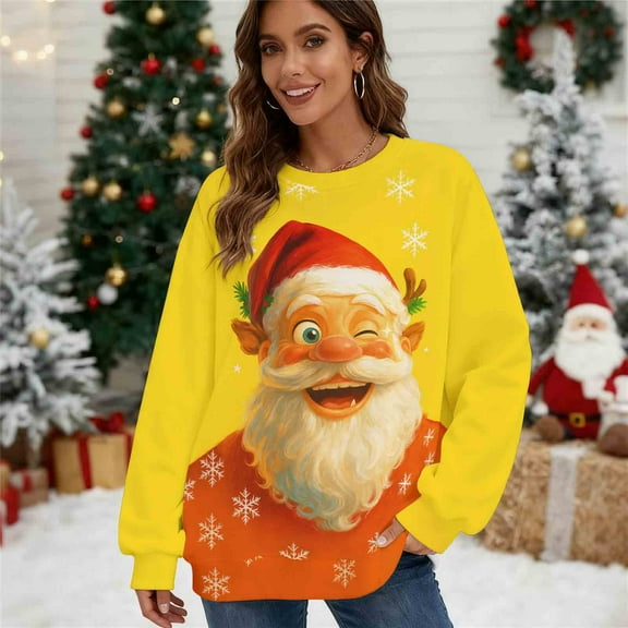 Uootdi Gift Christmas Sweatshirts for Women Cute christmas tree Santa Claus Printed Crewneck Long Sleeve Sweatshirt Winter Casual Xmas Pullover Tops