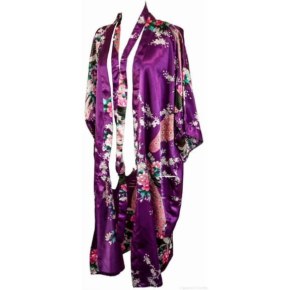 CCcollections Long Kimono Robe for Women, Good Quality Lightweight Stunning Luxury Style Peacock Bridesmaid Robe with Wide V-Shaped Neckline Bridal Shower, Birthday Women’s Gift(Purple Violet)