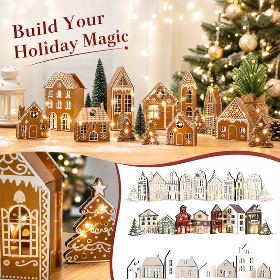White Gingerbread House Decor with Wooden Village Houses and Trees, Festive Holiday Centerpiece for Mantel and Table, Rustic Christmas Table Decor and Gift Set, 1 Piece