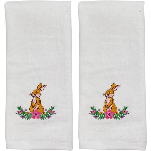 Serafina Home Luxury Easter Spring Terry Hand Towels: Ivory Towel with Embroidered Bunny Rabbit and Flowers 16" x 25"