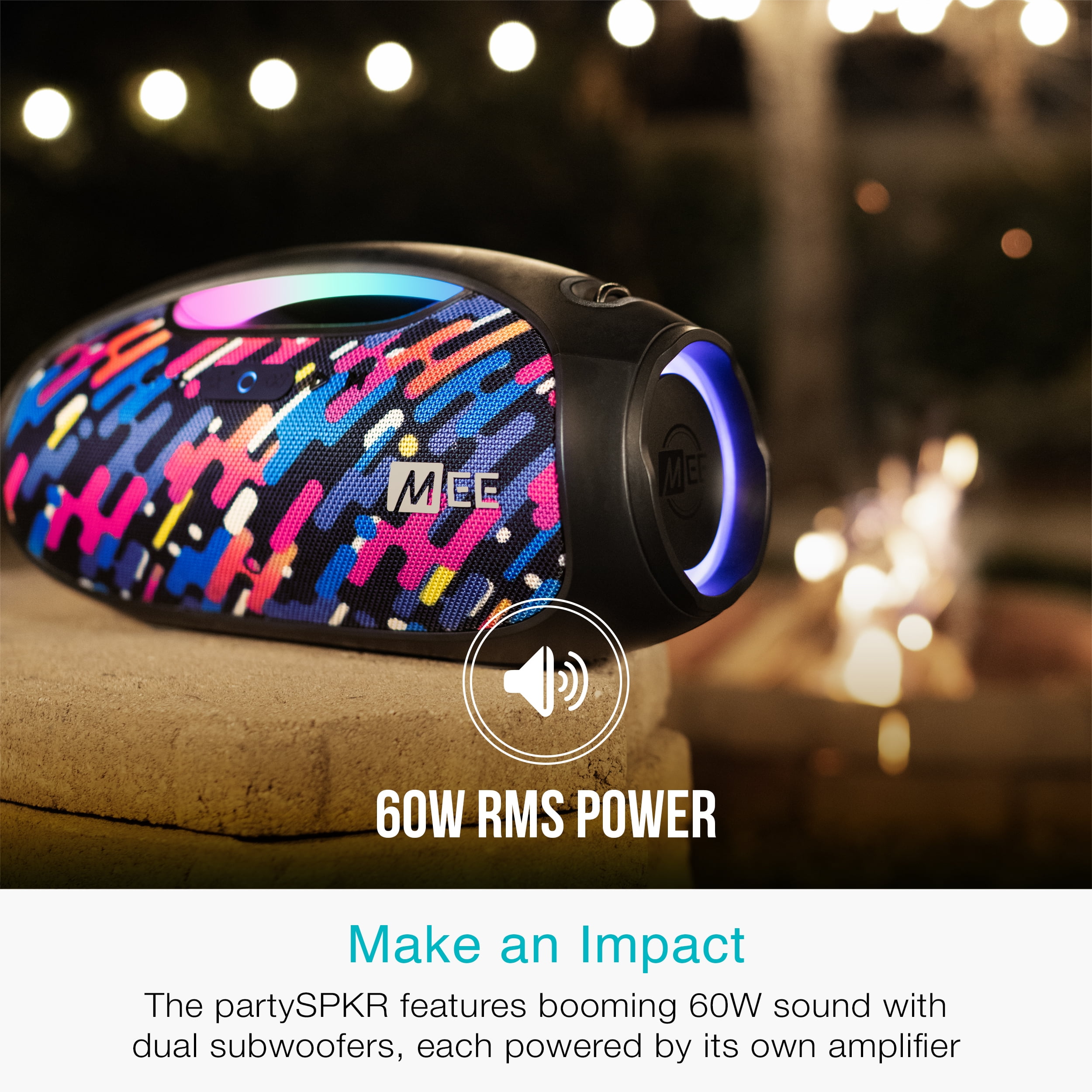 MEE audio partySPKR Bluetooth Wireless Speaker with Dynamic LED Lighting, 2 Subwoofers for Powerful Sound, Connect 100+ Together; Large Yet Portable for Indoors/Outdoors (Colorful)
