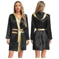 thumbnail image 5 of Choomomo Women's Satiny Wrestler Gear Fight Boxing Robe Long Sleeve Hooded Robe Loose Kimono with Belt Black 16, 5 of 6