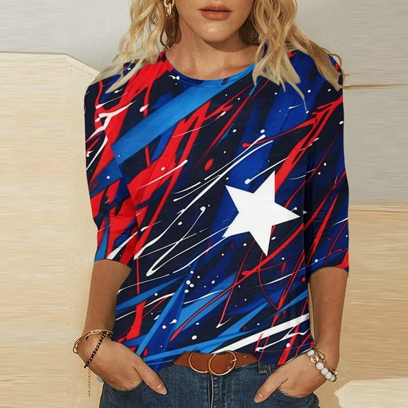 Shirts for Women under $10 3/4 Sleeve Crewneck Independence Day Tees Casual Loose T Shirt Multicolor L