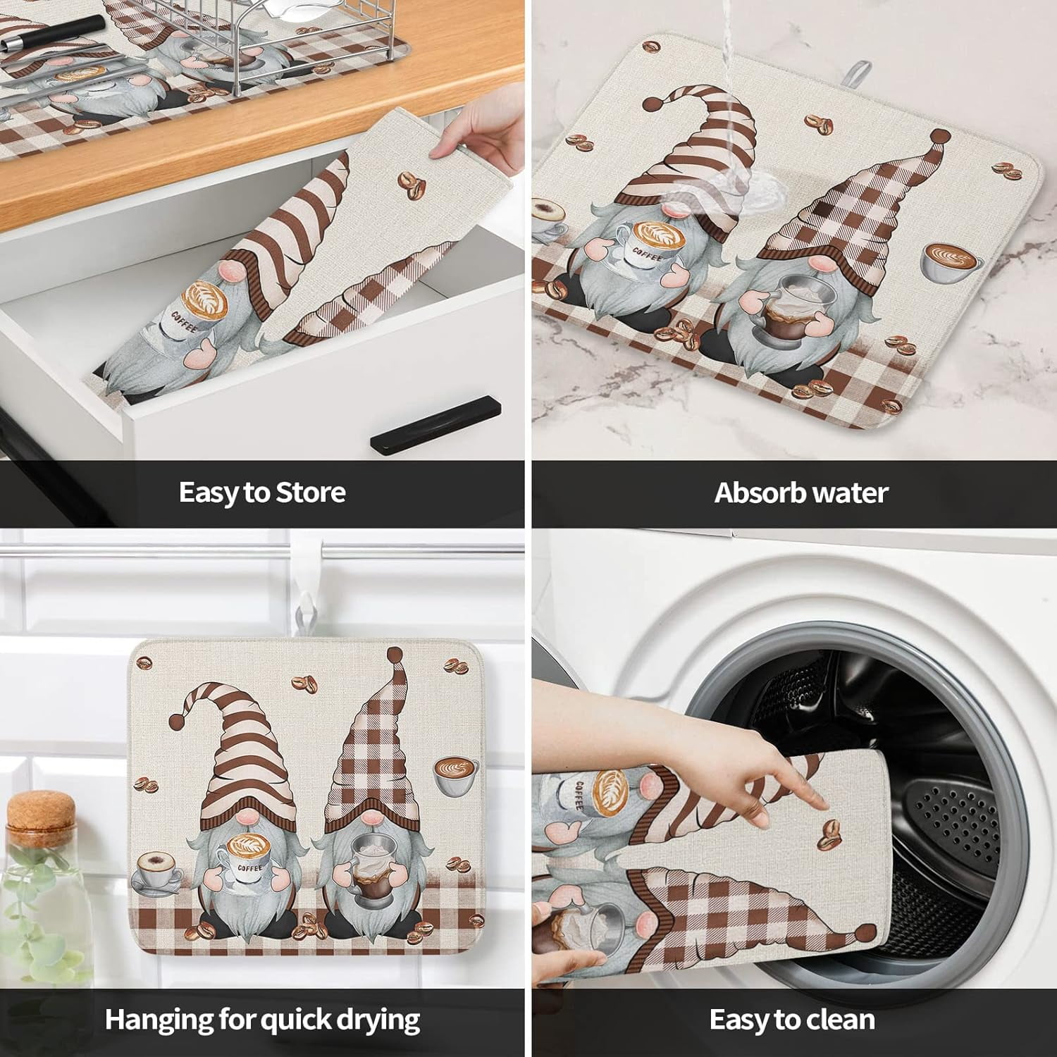 Coffee Gnomes Dish Drying Mat for Kitchen Counter, Retro Brown Plaid Coffee Beans Baby Bottle Microfiber Drying Pad, Absorbent Coffee Cup Dishes Drainer Mats 18"x24", 2 Pcs