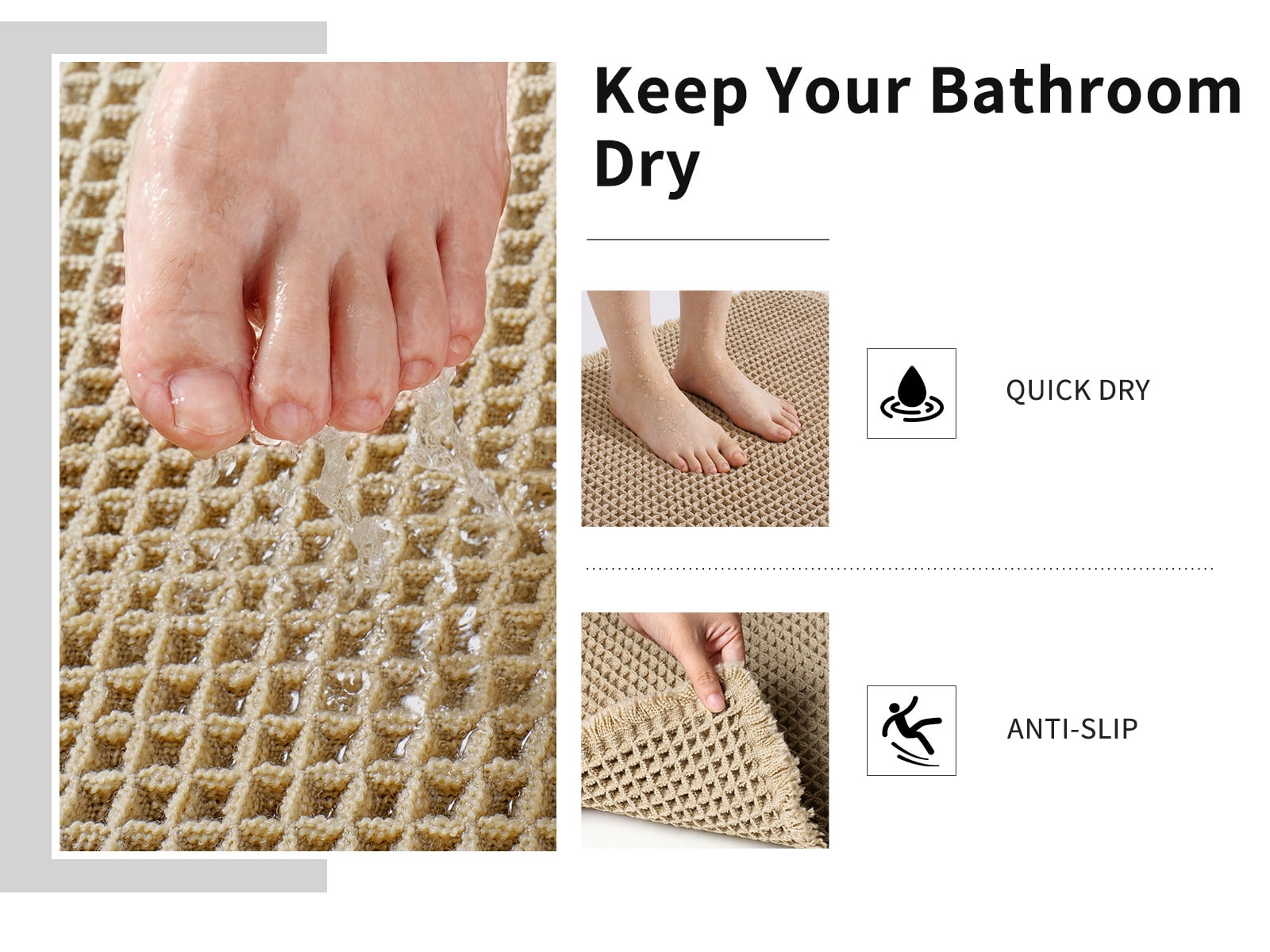 Upgraded Waffle Bath Mat, Super Absorbent Non Slip Bath Mats for Bathroom Floor, Machine Washable Bathroom Rugs with Tassels, Rubber Backed Bathroom Mats, Ultra Soft, 17" x 24", Khaki