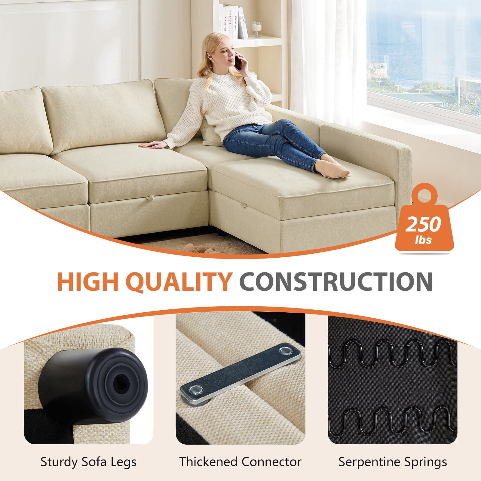 Sectional Sofa Couch, 5 Seat Sofa Set with Storage for Living Room, Modern Modular Sofa Sleeper with Ottoman, Beige