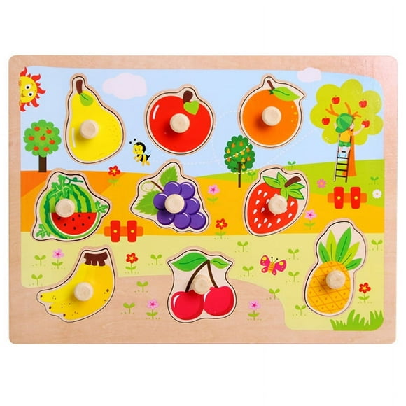 Toddler Puzzles and Rack Set, Wooden Peg Puzzles Bundle with Storage Holder Rack, Educational Knob Puzzle for Kids Age 2 3 4 Years - Fruit