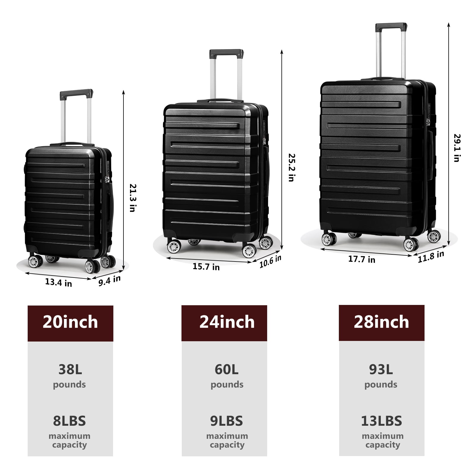 Luggage Sets Hardside Spinner with TSA Lock in Black, 3 Piece