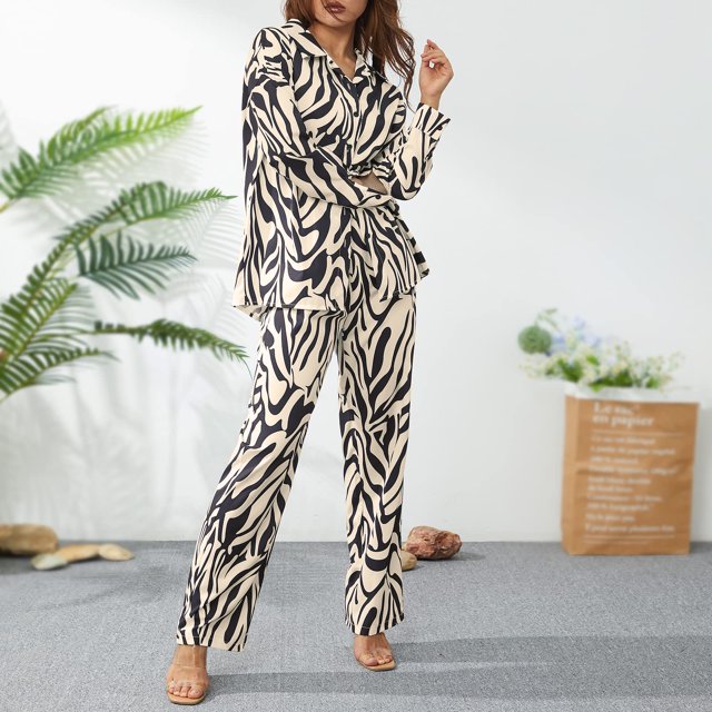 Top De Manga Larga + Pantalones Top de manga larga para mujer + Pantalones Camisa estampada + Pantalones de cintura alta (Negro M) Cgtredaw Para estrenar