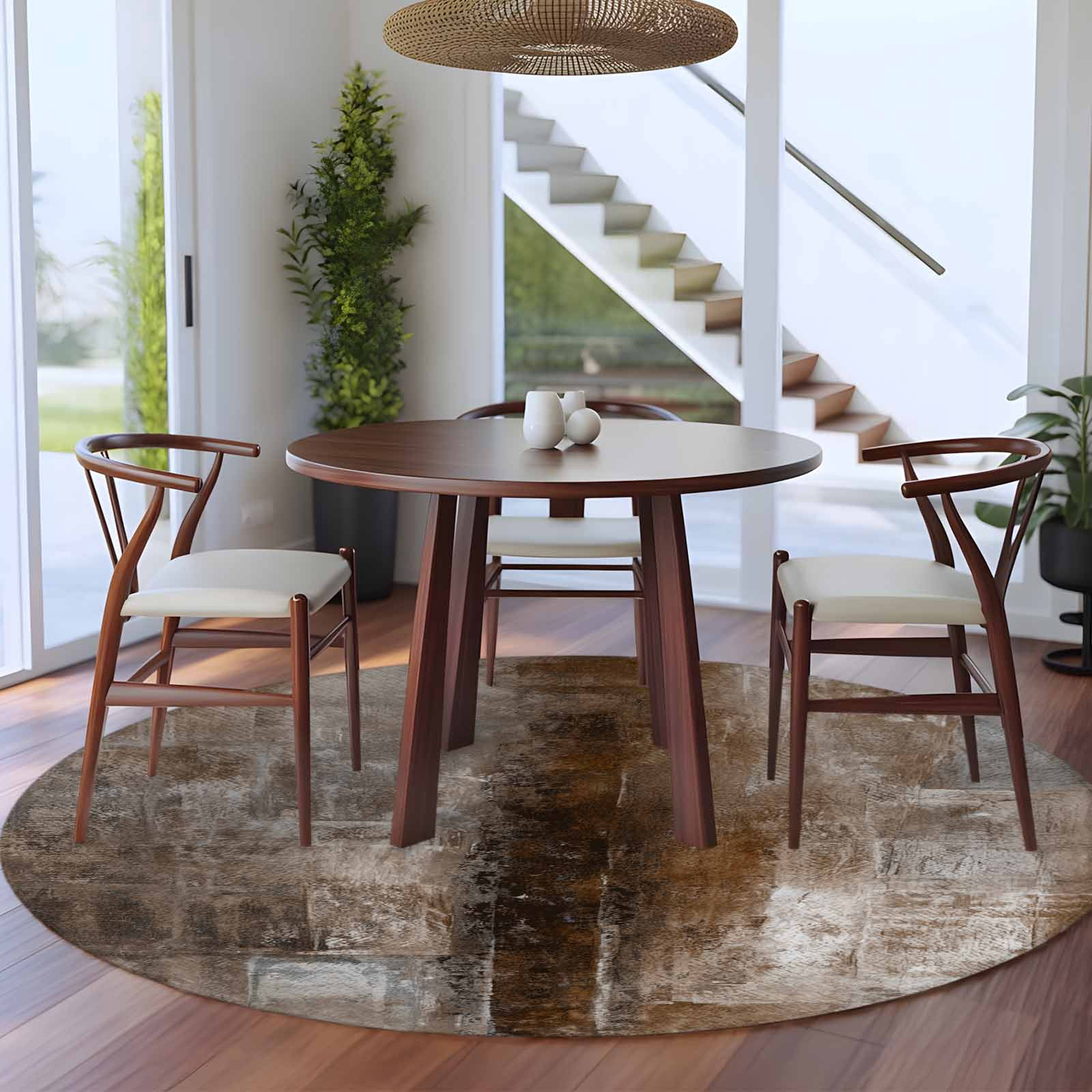 Brown Round Area Rug 6 FT, Non Slip Bedroom Area Rug, Retro Oil Painting Modern Abstract Art Aesthetics Washable Soft Circular Carpet Floor Mat for Kitchen Dining Room Home Office Kids Room