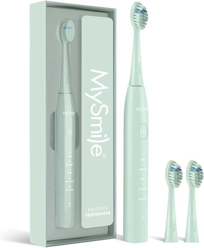 (5 pack) MySmile DY156 Sonic Electric Toothbrush for Adults, 45000 VPM Powered Toothbrush Rechargeable, IPX7 Waterproof, 5 Modes, 2 Mins Smart Timer, 60 Day Battery Life, 3 Tooth Brush Heads, Green