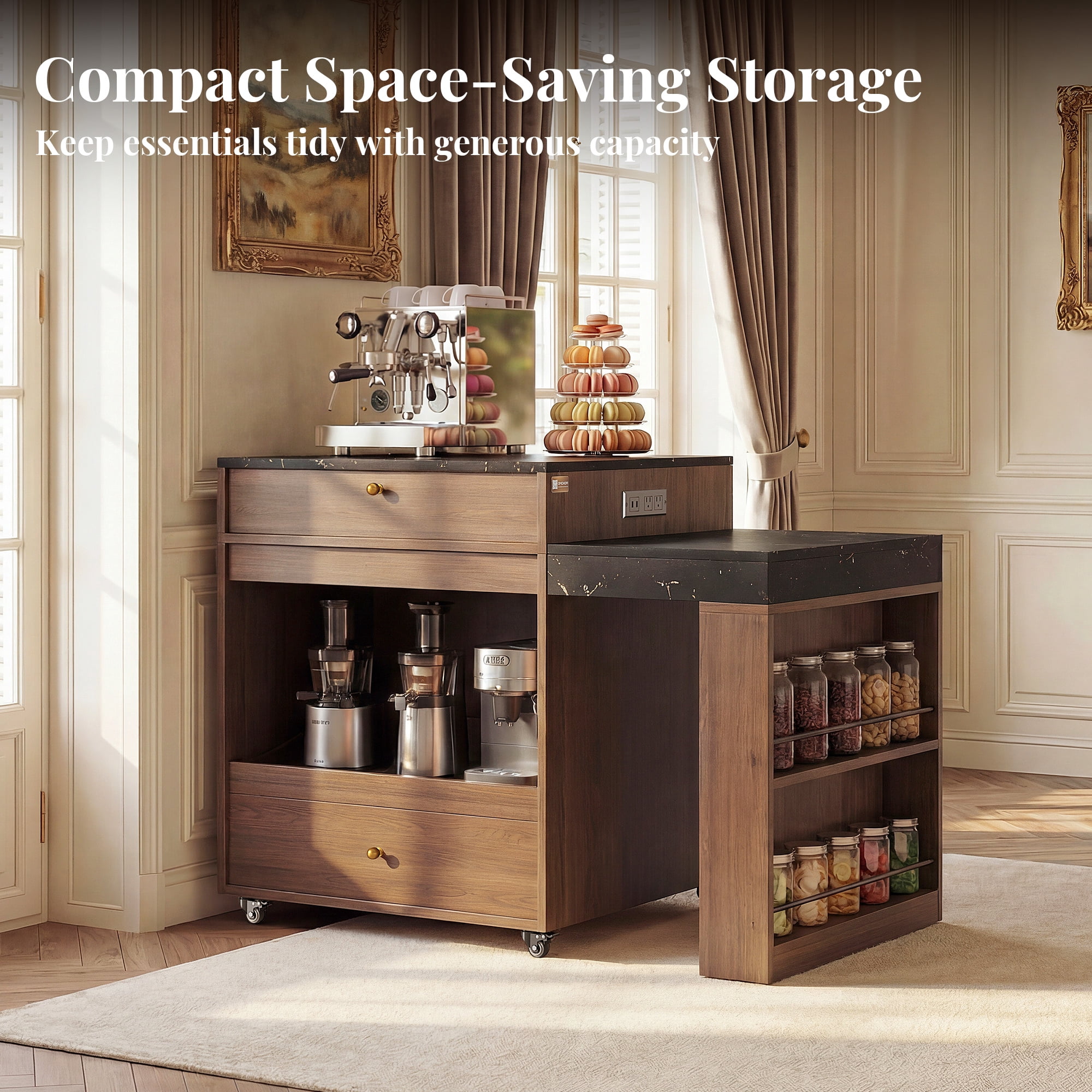 OMCHOM Large Kitchen Island with Seating and Extendable Dining Table,Rolling Mobile Center Islands with Storage,Charging Station,2 Drawers 2 Side Open Shelves,Walnut
