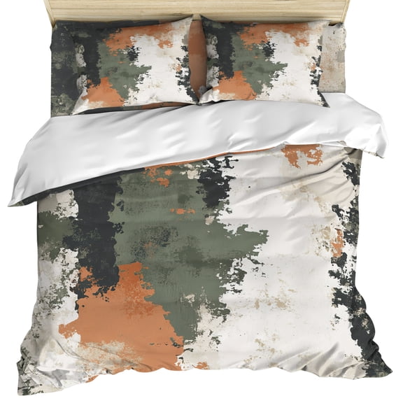 Vintage Sage Green Orange Duvet Cover Set, Modern Abstract Art Soft Duvet Cover California King Bedding Set 4 Pieces, 1 Quiltcover and 2 Pillowcases with Zipper, 1 Bed Sheet for All Seasons