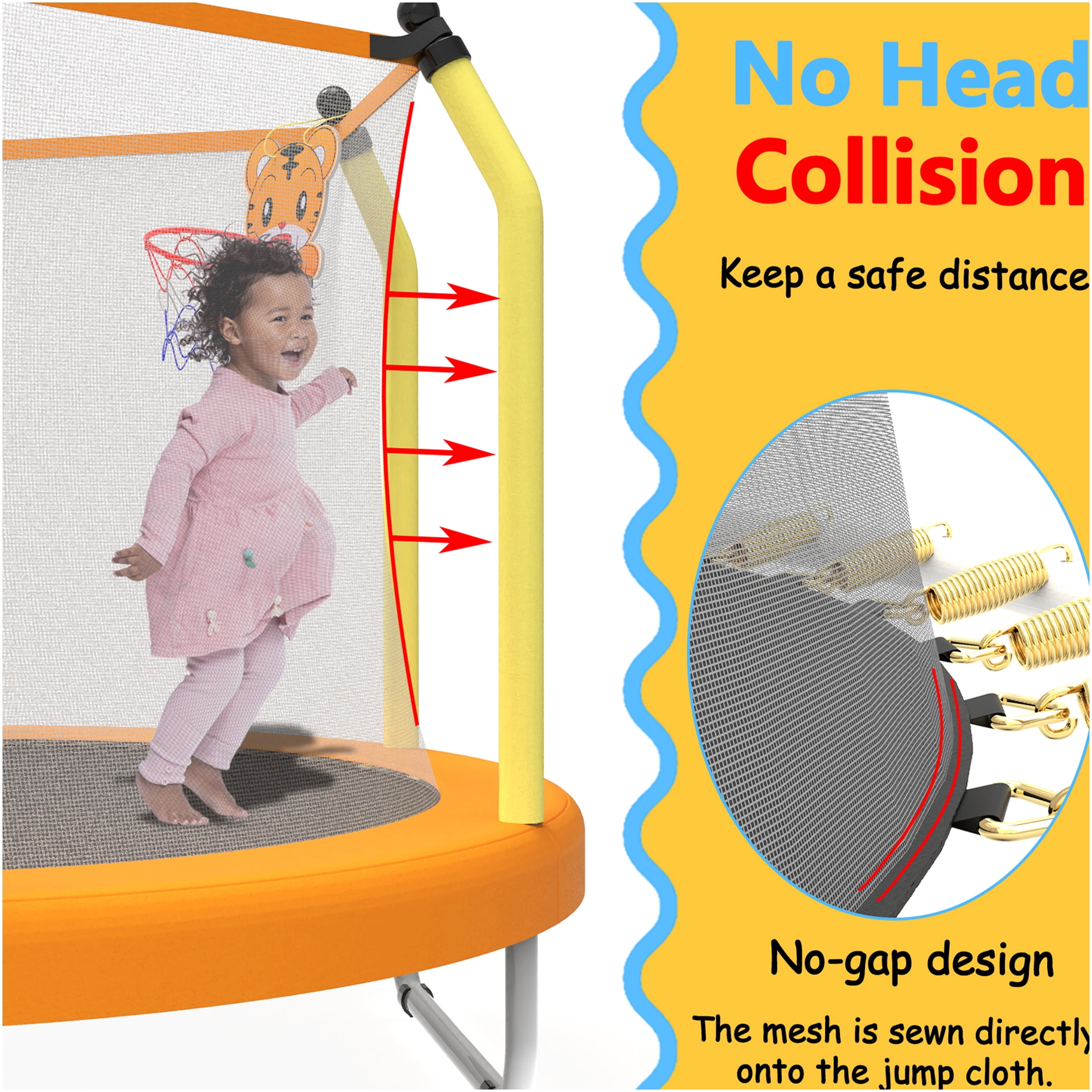 JERFIT 55" Kids Trampoline with Basketball Hoop, ASTM Certified Indoor/Outdoor Junior Jumper for Toddlers, Yellow