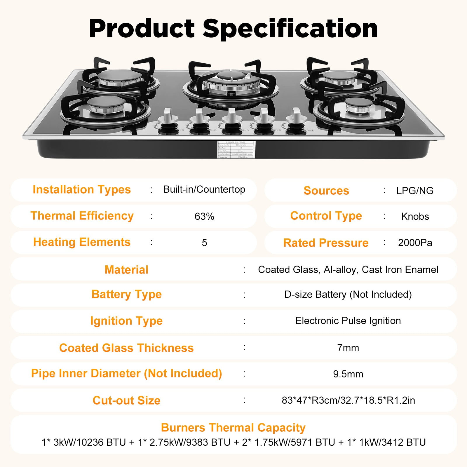 30 Inch Gas Cooktop, 5 Burners Built-in Stainless Steel Gas Stovetop, LPG/NG Dual Fuel Convertible Gass Cooktop