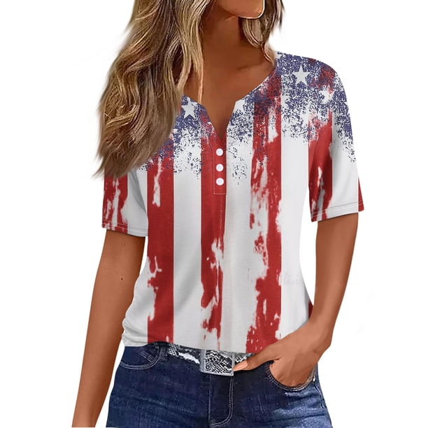 Camiseta para Mujer Camiseta con Estampado de Botones Manga Corta Diario Fin de Semana Moda Básica Cuello en V Top Regular Vermilion/3XL