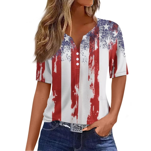 Camiseta de mujer Camiseta con estampado de botones Manga corta Diario Fin de semana Moda Básico Cuello en V Top regular Vermilion/M