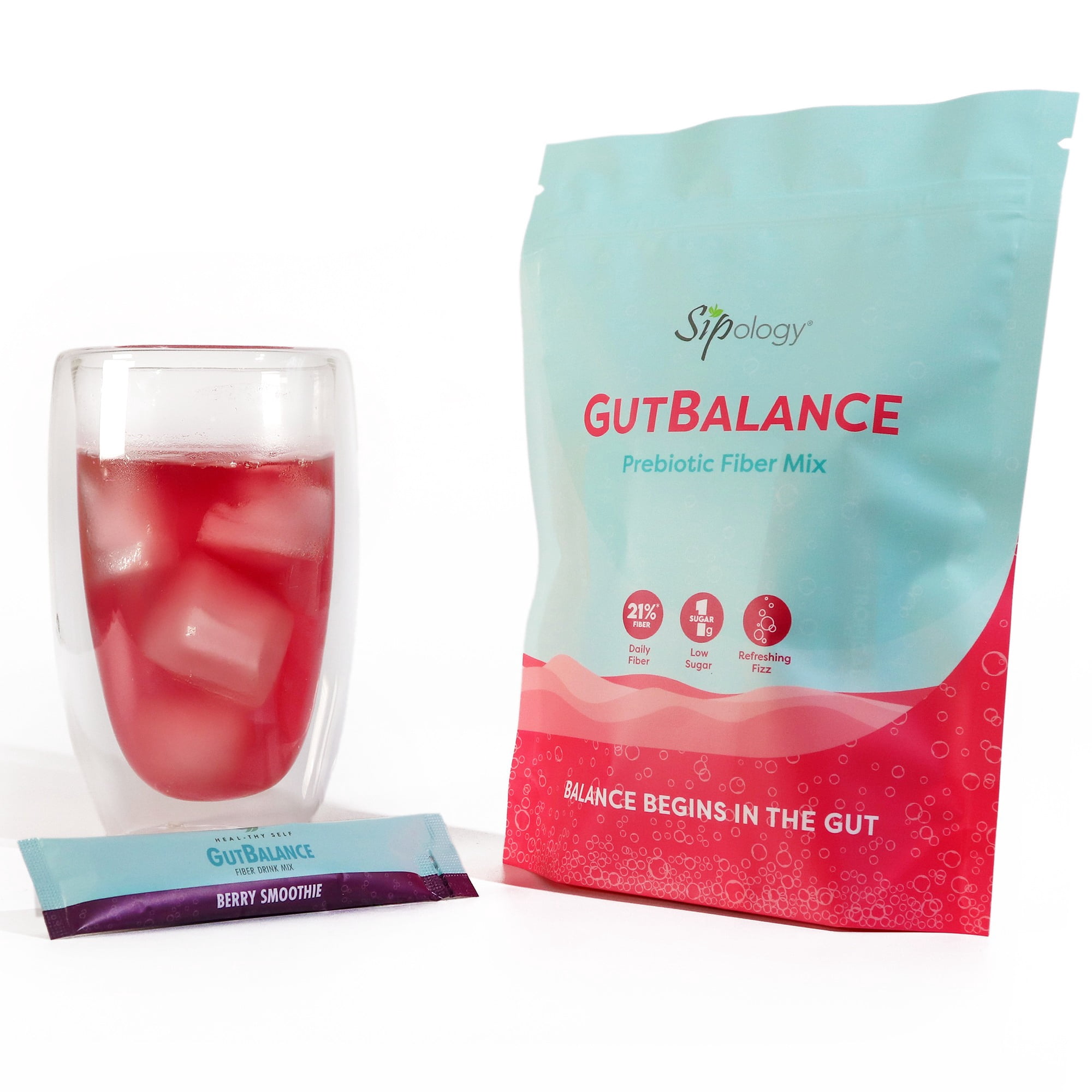 Sipology: GutBalance - Berry Smoothie - 12 Stick Pack - Prebiotic Fiber Mix, Powder Drink, Promote Digestive Health, Organic Stevia, Plant Based-Vegan