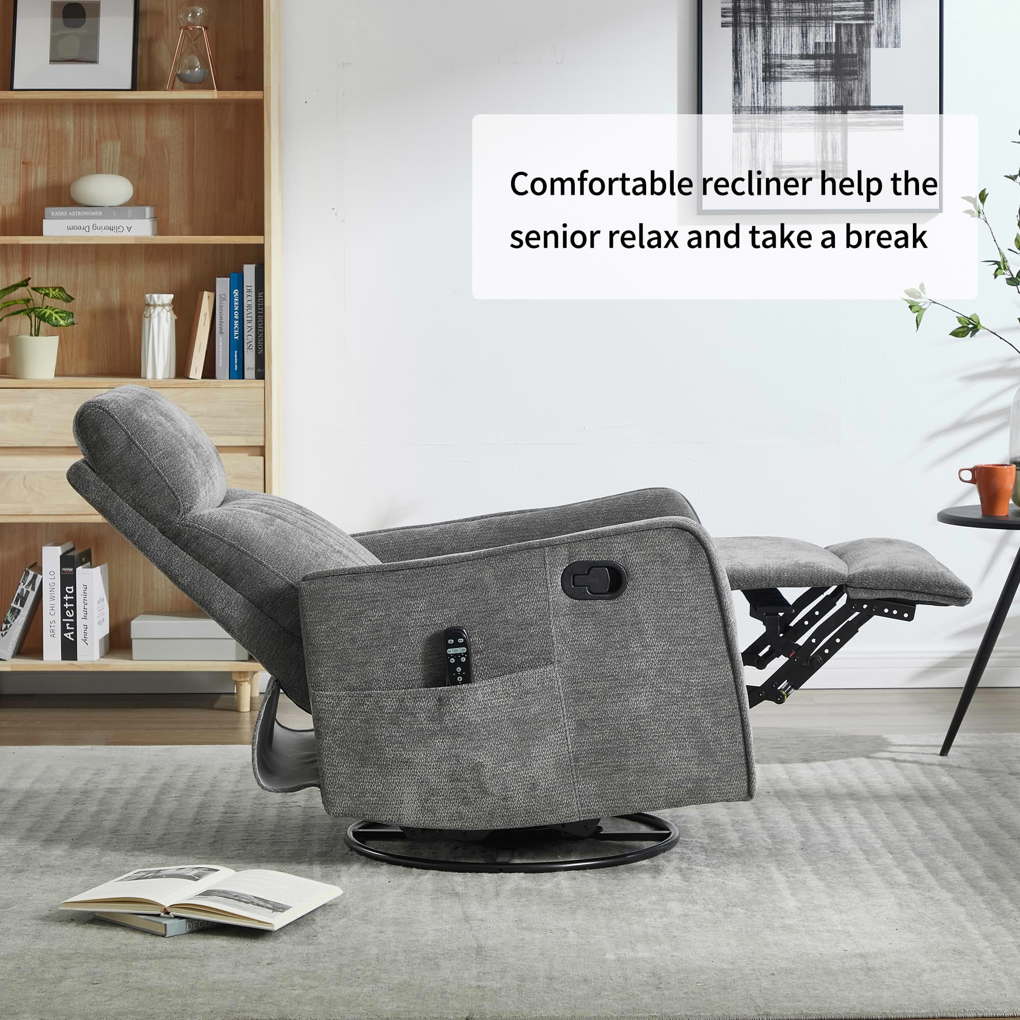 MAYEERTY Dark Grey Chenille Heat Massage Recliner Chair, 360° Swivel Rocker for Living Room