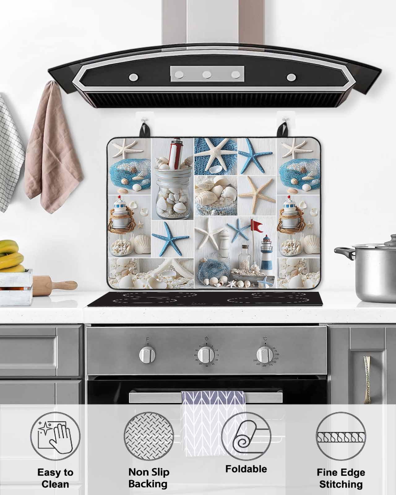 nqOlkjepod Large Induction Cooktop Protector Mat 36"x21", Starfish Stove Top Covers for Electric Stove, Ocean Shell Coastal Nautical Flag Light-house Stove Burner Cover Mats, Glass Top Stove Cover