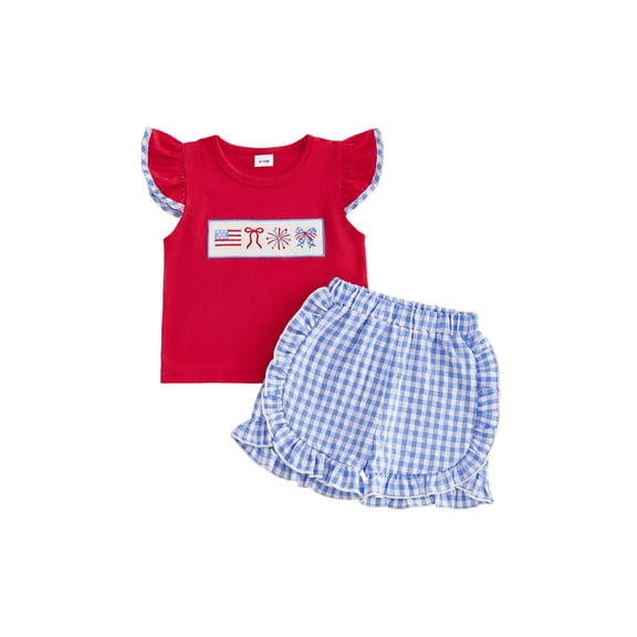 BemeyourBBs Toddler Baby Girl Patriotic Outfit 4th of July Patriot Independent Day Summer Clothes American Flag Fireworks Embroidery Flying Sleeve Shirt Tops with Plaid Shorts 2Pcs Set