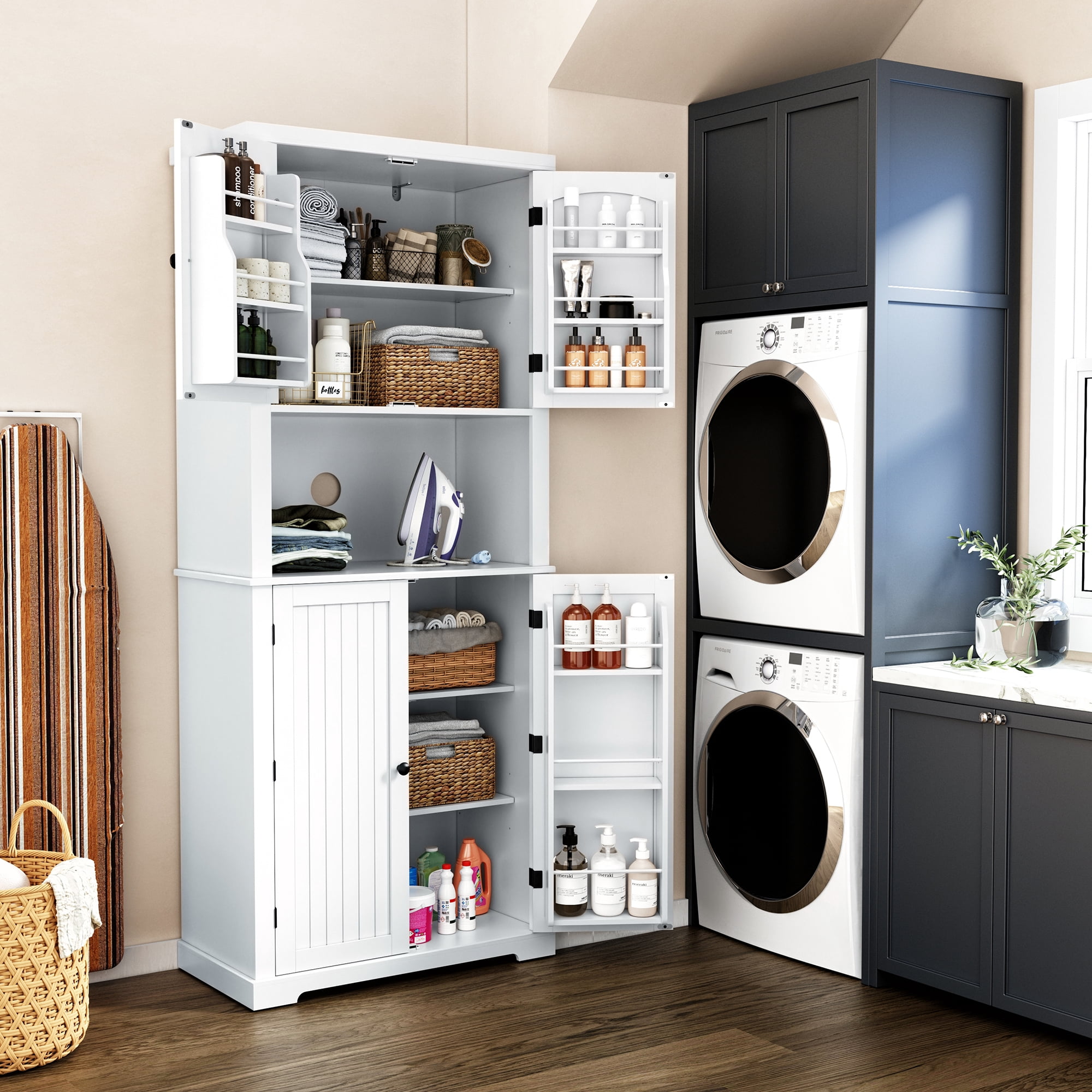 HLR 72" Kitchen Pantry Cabinet, Freestanding Pantry Storage Cabinet with Hutch & Shelves, White