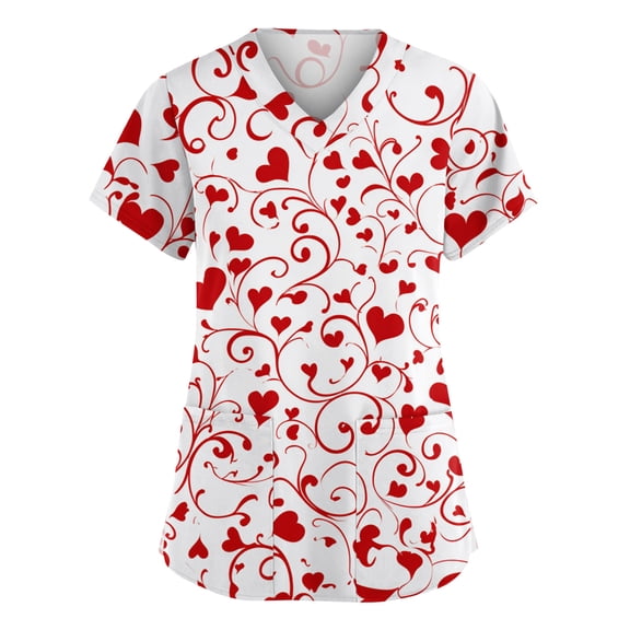 Valentine Day Nursing Scrubs Womens Love Heart Print Plus Size V Neck Uniforms Short Sleeve Medical Cute Scrubs with Pockets Red 3XL