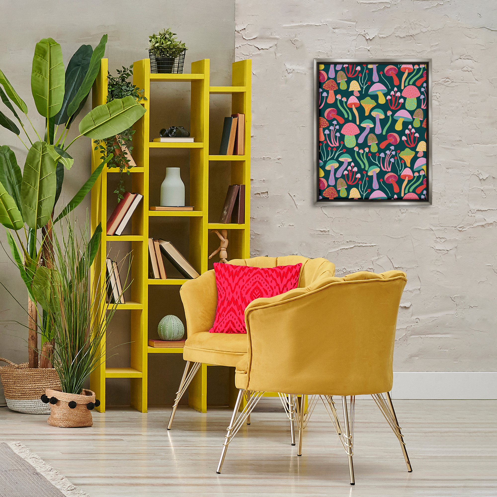 Stupell Industries Magical Times Mushrooms Plants & Flowers Painting Gray Floater Framed Canvas Art Print Wall Art, 17 x 21