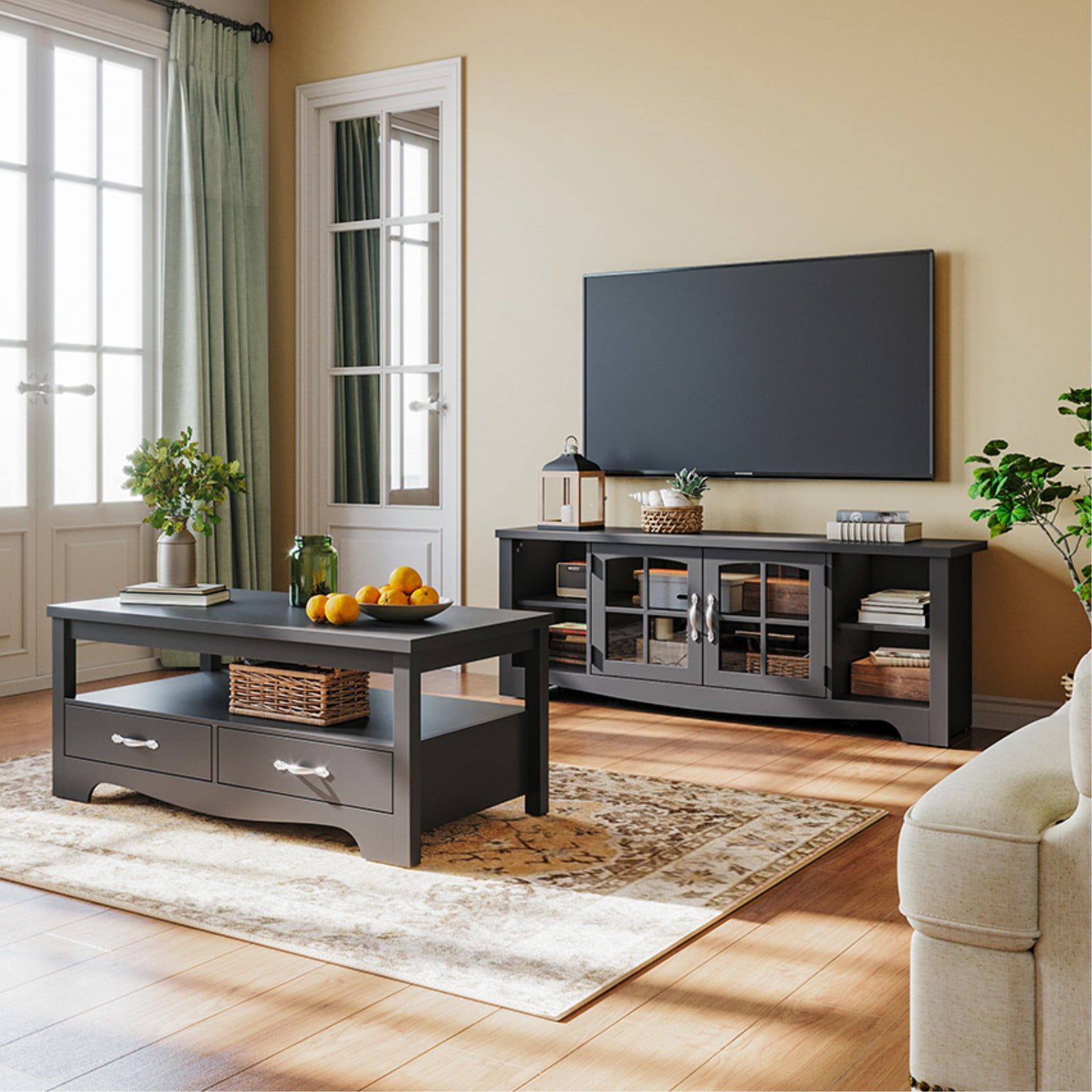 LINSY HOME Modern Farmhouse TV Stand for TVs up to 65",Home Entertainment Center with Storage Cabinet and Adjustable Shelves,Black
