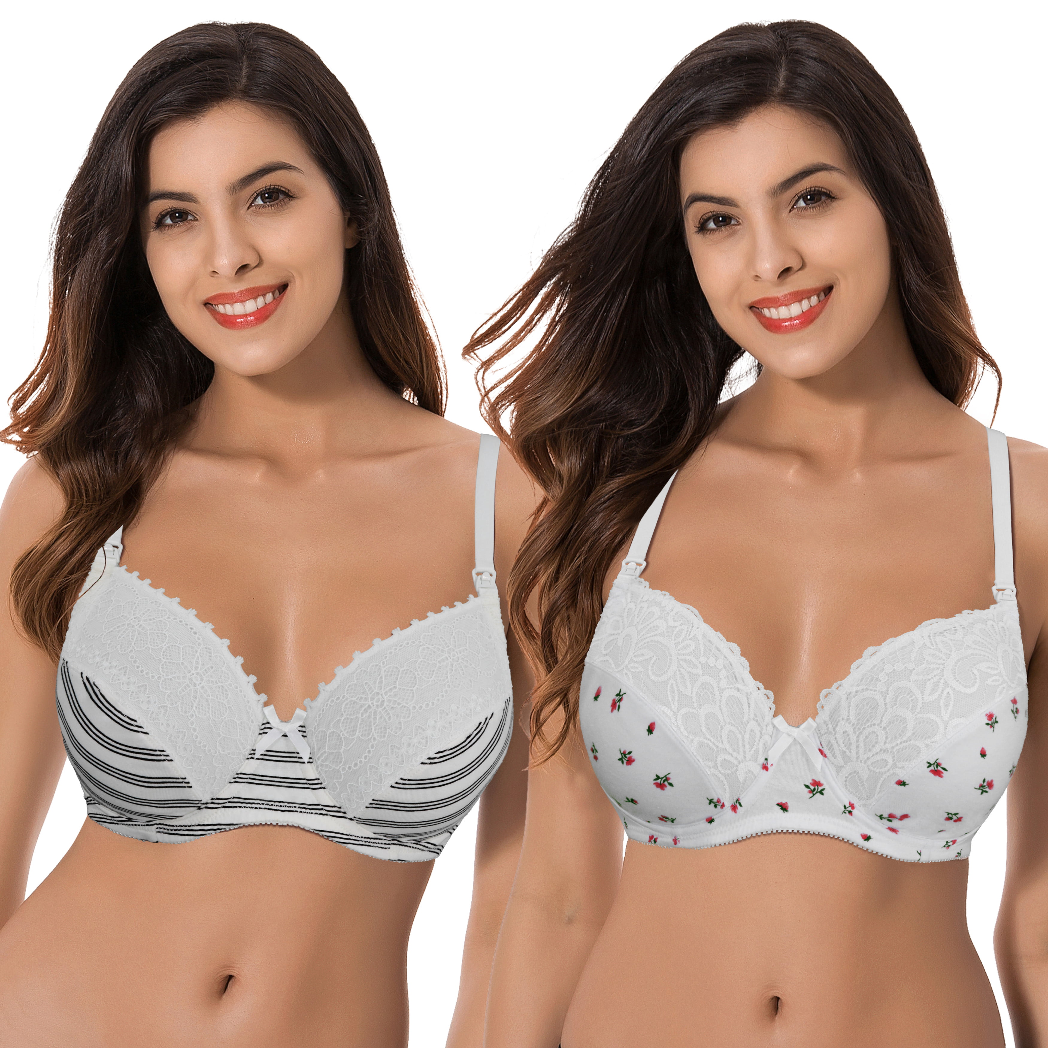 Curve Muse Plus Size Nursing Underwire Bra with drop-down cups (Pack of 2)-WHITE  PRINT RED,CREAM PRINT-48DDD 