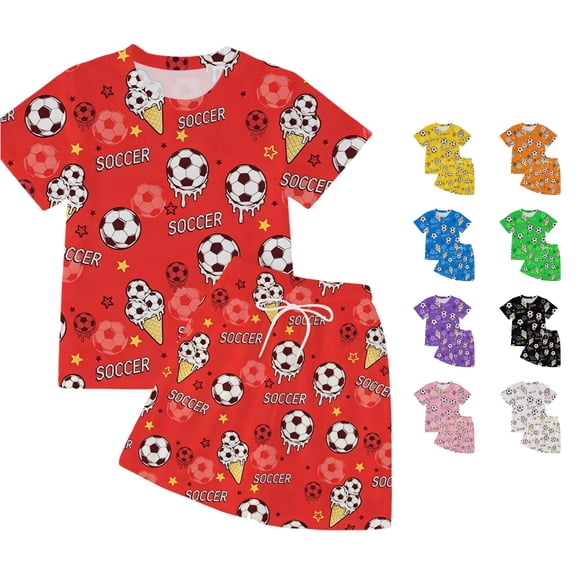 CUZIBR Kids Boys Girls Ice Cream Soccer Print Short Sleeve Tshirts Tops With Shorts Summer Casual Outfit Sets Clothes Sets,Red,9-10 Years