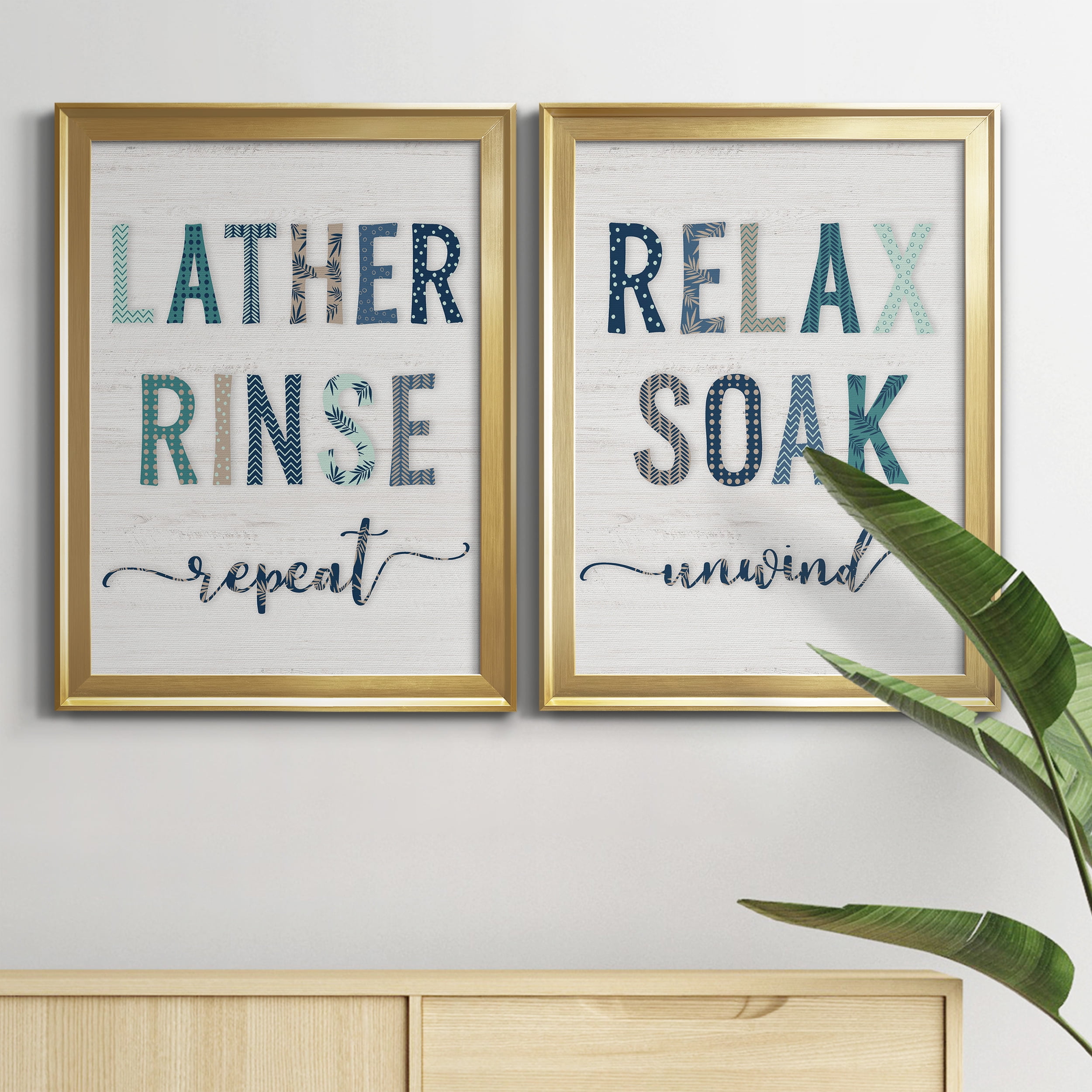 2 Piece Set Lather Rinse Repeat Premium Framed Canvas - Ready to Hang - 18.5 x 24.5 Each - Gold Frame