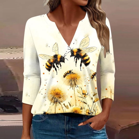 SOOMLON Womens 3/4 Length Sleeve Tops Plus Size Tunic Cotton Bee Festival Tops Casual V Neck Shirts Funny Honey Bee Print T Shirts 2025 Trendy Spring Summer Ladies Tops Loose Fit Outfits Pullover XL
