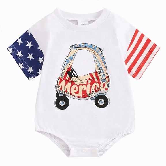 Linfrsh Baby Boy Girl 4th of July Outfit Infant Short Sleeve USA Bubble Romper Bodysuit Newborn Fourth of July Clothes(Beige,3-6 Months)