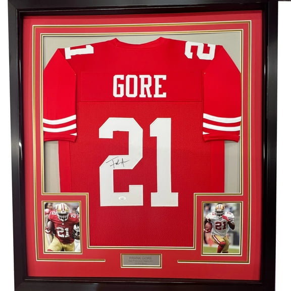 Framed Autographed/Signed Frank Gore 35x39 San Francisco Red Football Jersey JSA COA