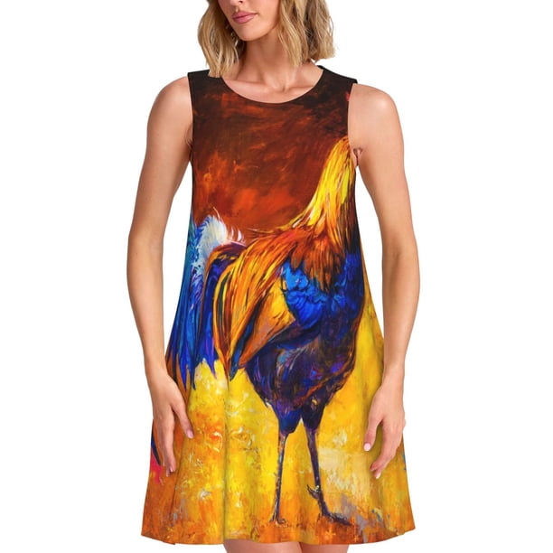 Fotbe Colorful Rooster Vestido de Verano sin Mangas para Mujer – Vestido Midi Línea A, Estilo Camiseta Floral, Vestido Playero Casual y Fluido
