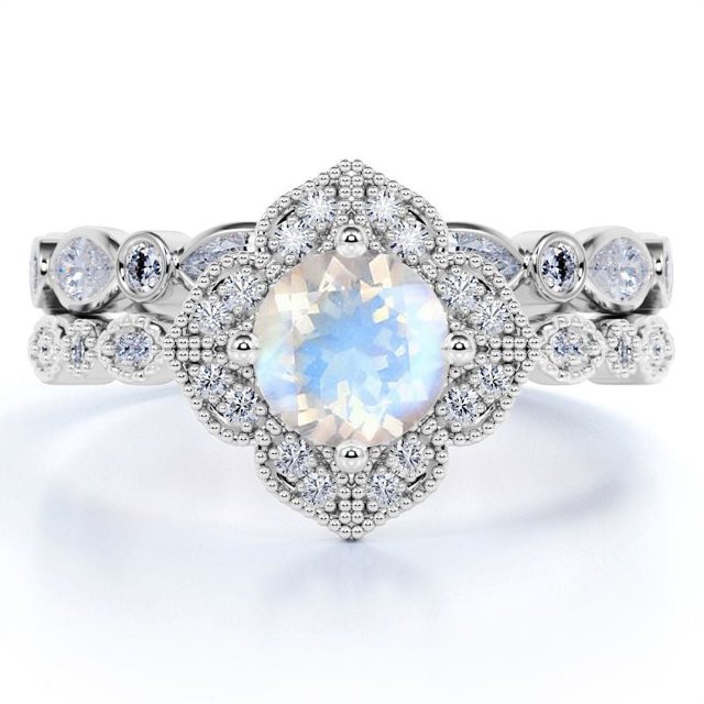 JeenMata Anillo Nupcial Antiguo de 1,5 Quilates con Piedra Lunar Arcoíris Facetada y Moissanita Engastado en Oro Blanco de 18 K sobre Plata