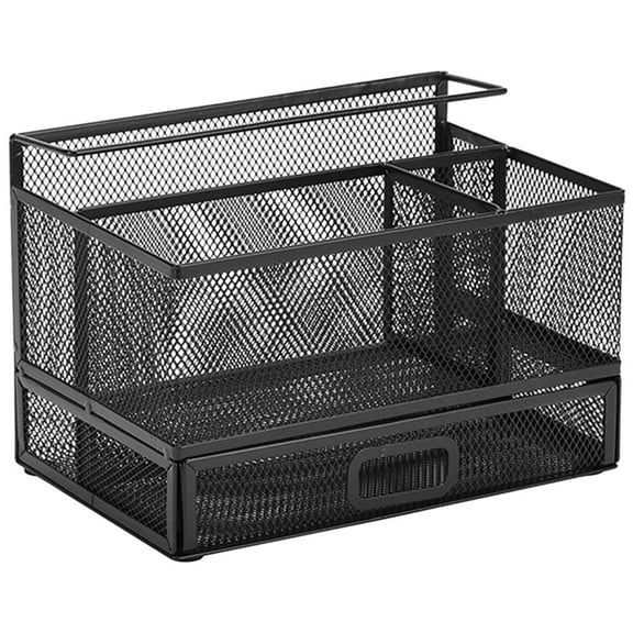Black Metal Desk Organizer with Drawer for Pens and Accessories 6.3 Inches