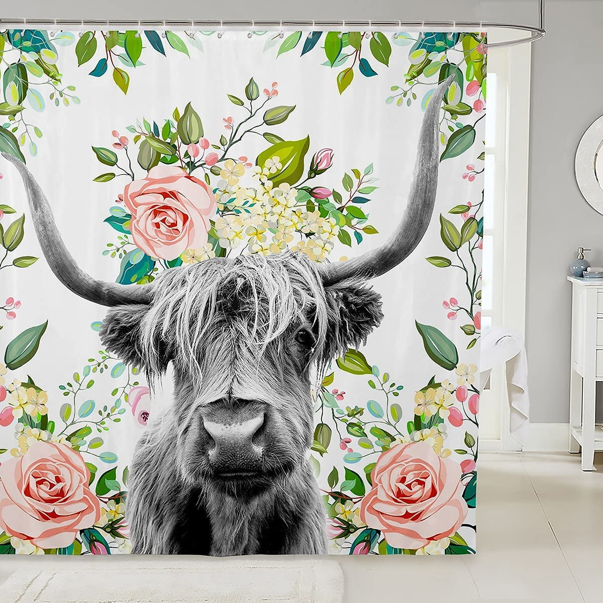 Highland Cow Shower Curtain Kids Rose Floral Bull Cattle Waterproof