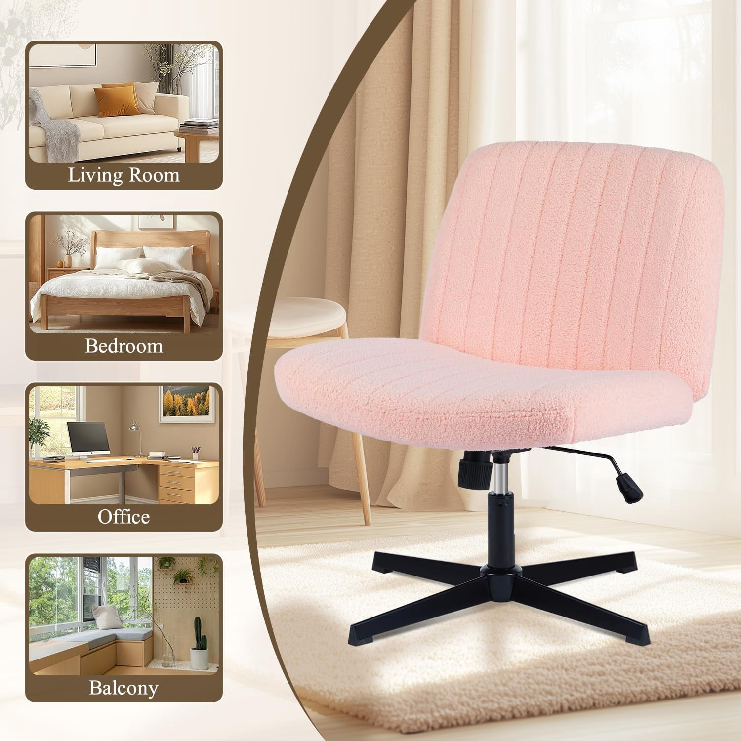 QUIOCOZY Wide Criss Cross Leg Chair, Swivel Office Desk Chair, Adjustable Faux Fur Computer Task Chair, Comfy Armless Vanity Makeup Chair without Wheels for Home & Office