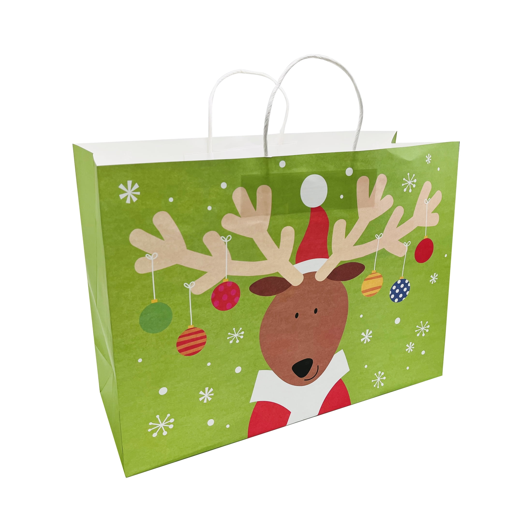 Holiday Time Christmas Gift Paper Bag, Green Reindeer, XLarge, 16x6x12in