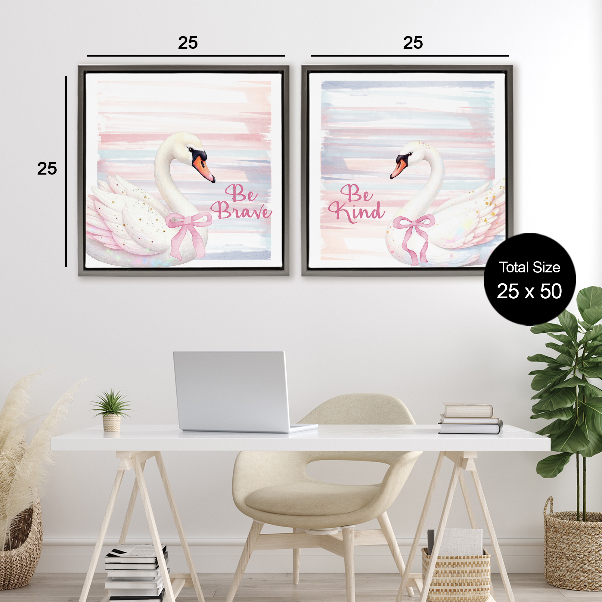Be Brave & Kind Pastel Swan 2 Piece Gray Framed Floater Canvas Set, design by Kim Allen