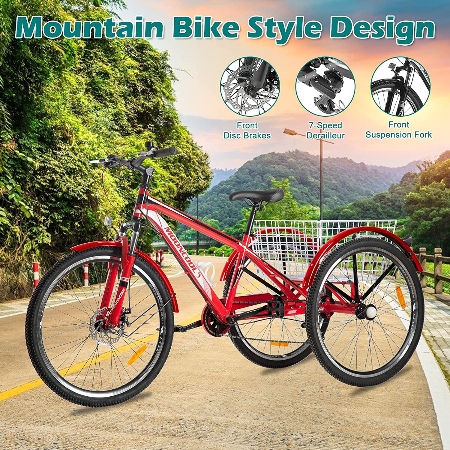 Details about   Adult Mountain /bike Tricycle 7 Speed 24" 3 Wheel Cruiser Trike MTB Bike &Basket 