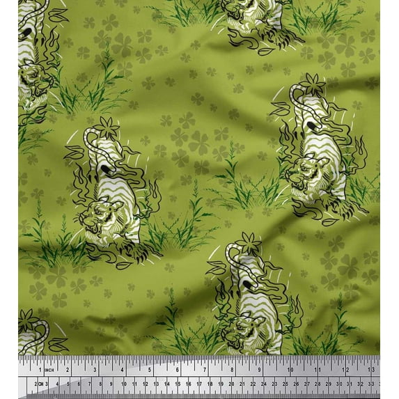 Soimoi Velvet Fabric Clover Grass & Lion Animal Print Fabric by the Yard 58 Inch Wide