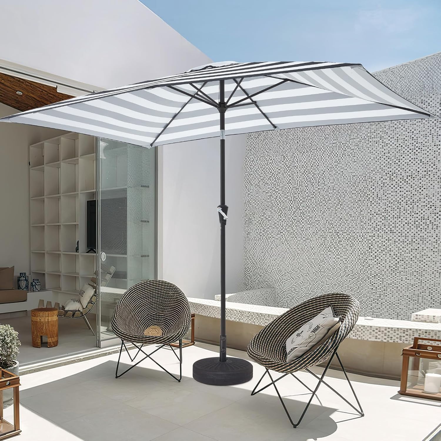 6.5x10 ft Rectangular Patio Umbrellas Outdoor Umbrella with Push Button Tilt and Crank, Market Table Umbrella 6 Sturdy Ribs UV Protection for Poolside Garden Backyard Deck, Black-White Stripe