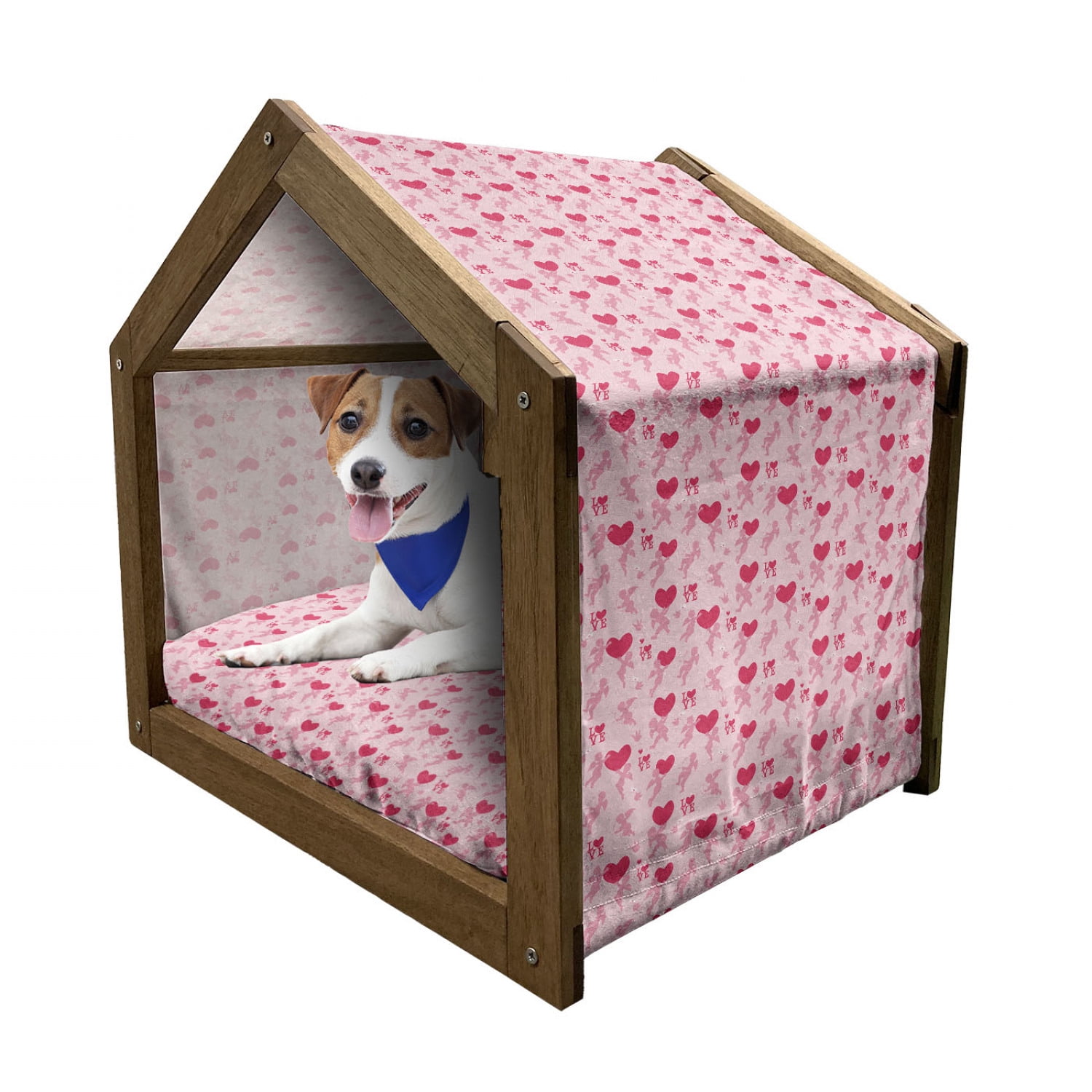 Floral Patterned Wooden Dog House with Canopy and Pillow