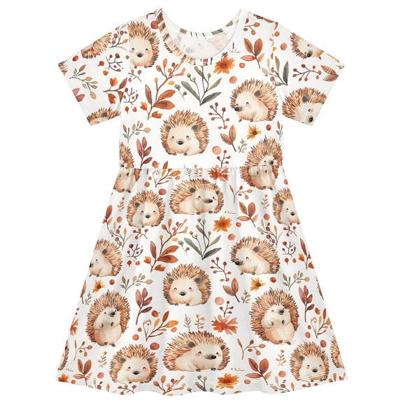 joogoo Hedgehog Leaves Flower Girls' Short Sleeve Dress Kids Dresses 5-6T