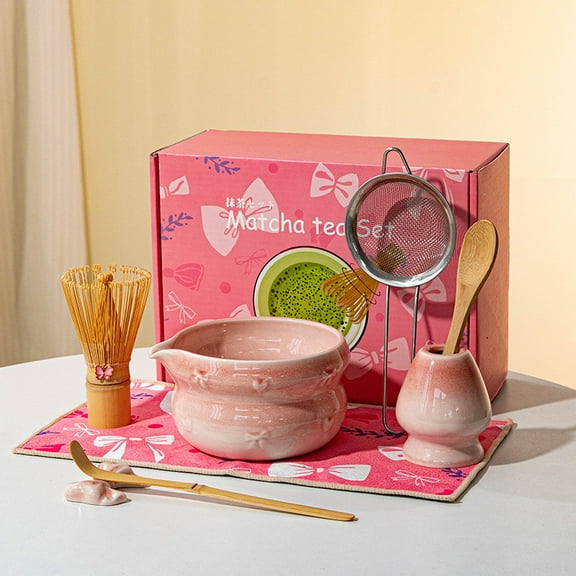 Matcha Kit 8-Pcs matcha whisk set, Matcha Bowl, Bamboo Matcha Blender and Stand,stainless steel mesh、Tea Whisker Holder, Tea Towels, Tea Spoon,Bamboo Spoon, Pink Matcha Set
