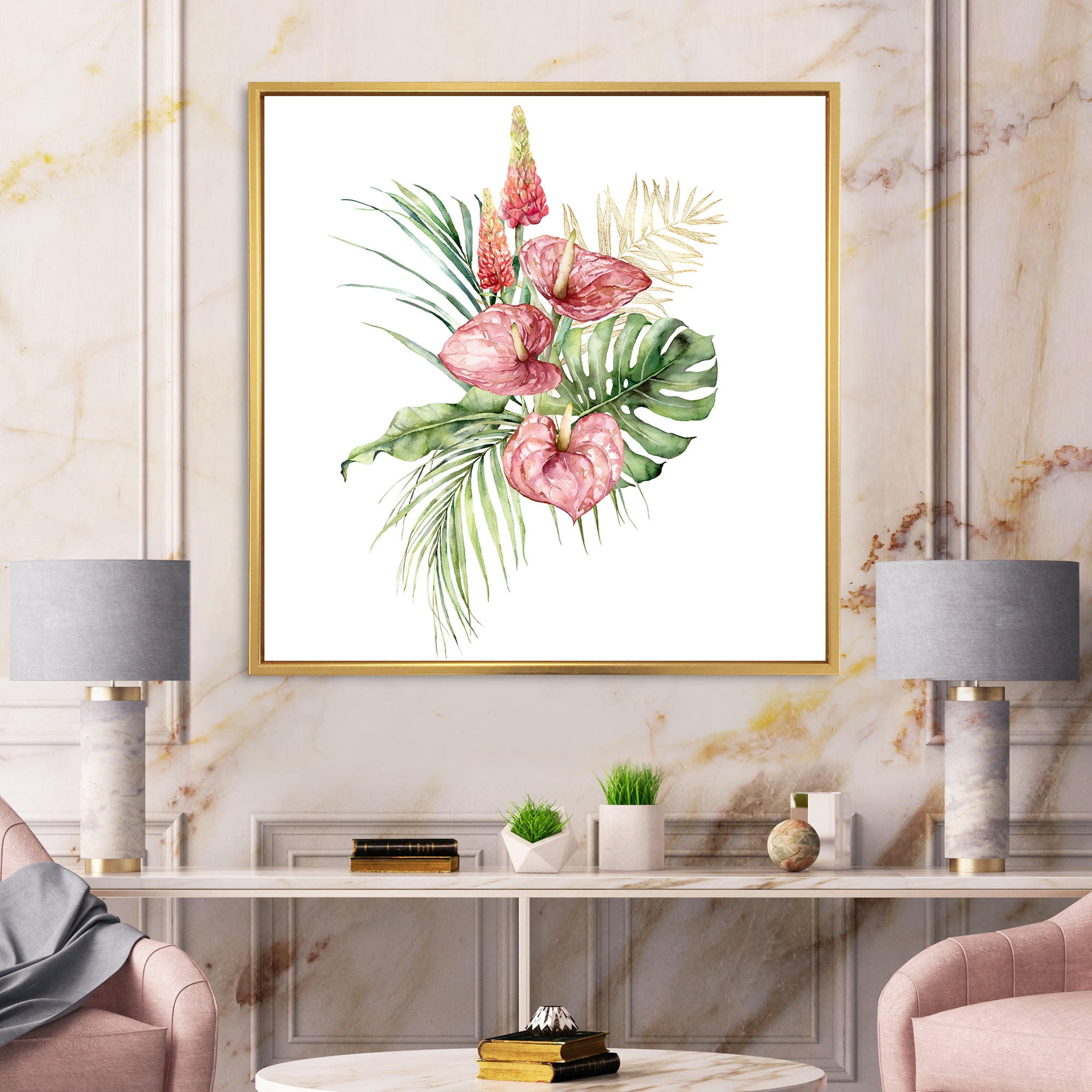 Designart 'Tropical Bouquet With Anthurium Lupine and Leaves On White I' Traditional Framed Canvas Wall Art Print
